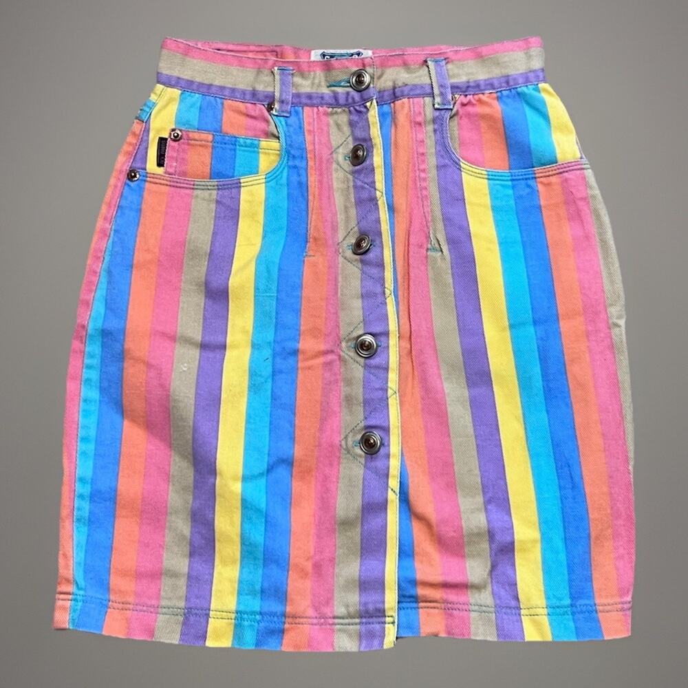 SOHO Compagnie 80s 90s Pastel Rainbow Stripe Grunge Denim Button Skirt sz 3/4